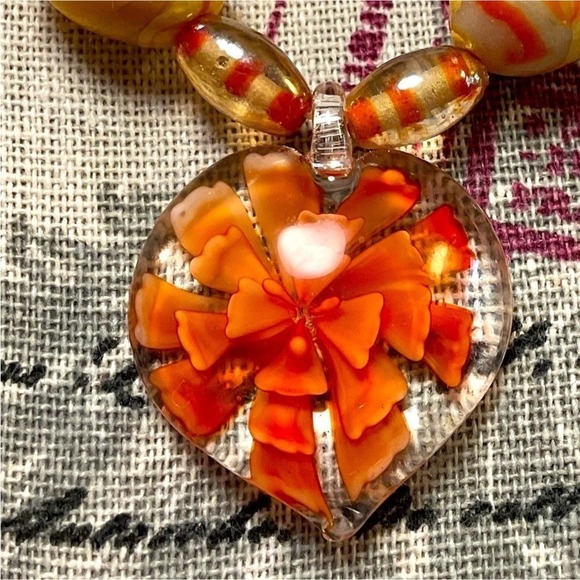 Heart Pendant Murano Style Glass Bead Necklace Orange - Picture 3 of 11